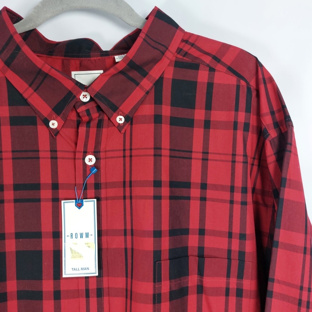 ROWM Mens Button Down Shirt Red Black Plaid 100% Cotton Long Sleeve Size 3XT NEW